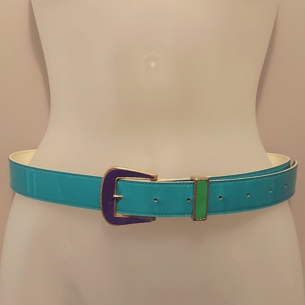 Vintage 1990s Colorblocked Patent Leather Belt Sz Medium/Large Blue Purple Green